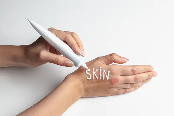 Zbliżenie na spierzchnięte dłonie, na których jest napisane kremem skin 